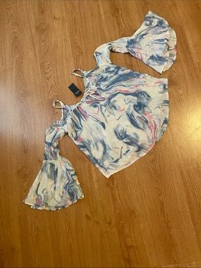 Hollister Marble Print Cold-Shoulder Blouse in Blue, Pink, Cream